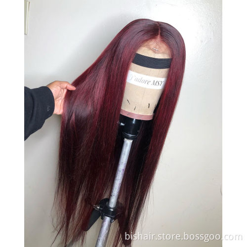 Brazilian 99J Bone Straight Human Hair Wine Red Transparent Lace Closed 13X4X1Straight Lace Former Human Hair Wig Remy Wholesale